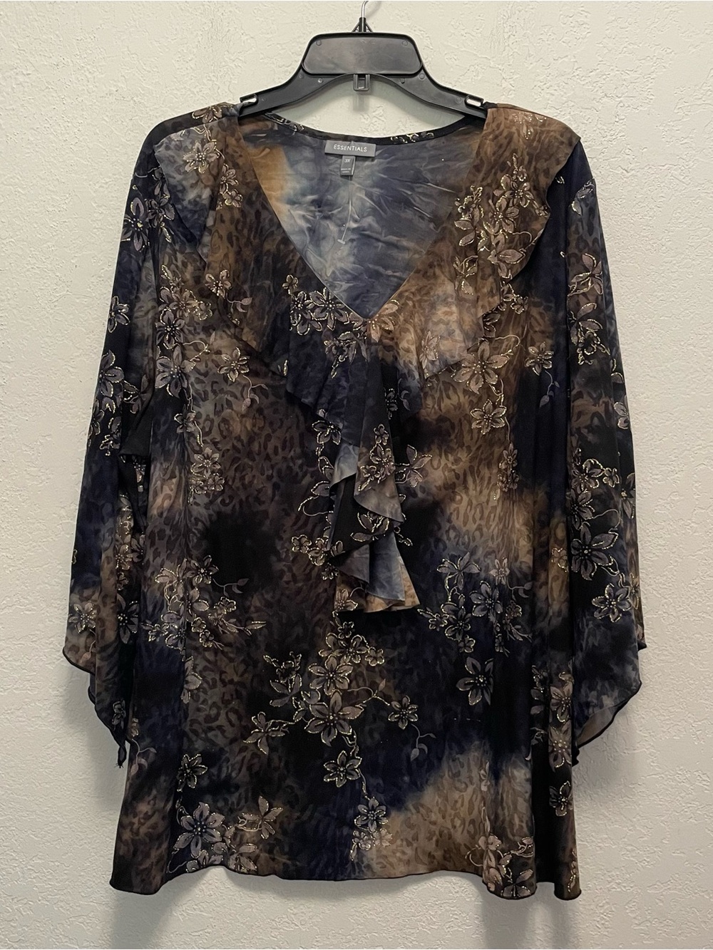 Blue Brown Glitter Flower Animal Print Blouse Top Ruffle Fairy Formal 90s 3X